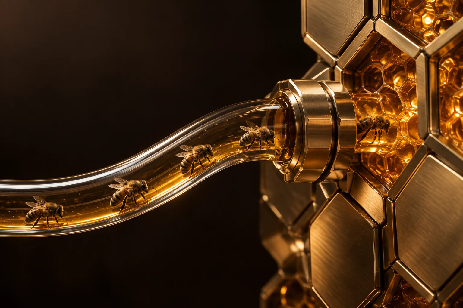 Bees following a glass route into a golden hive