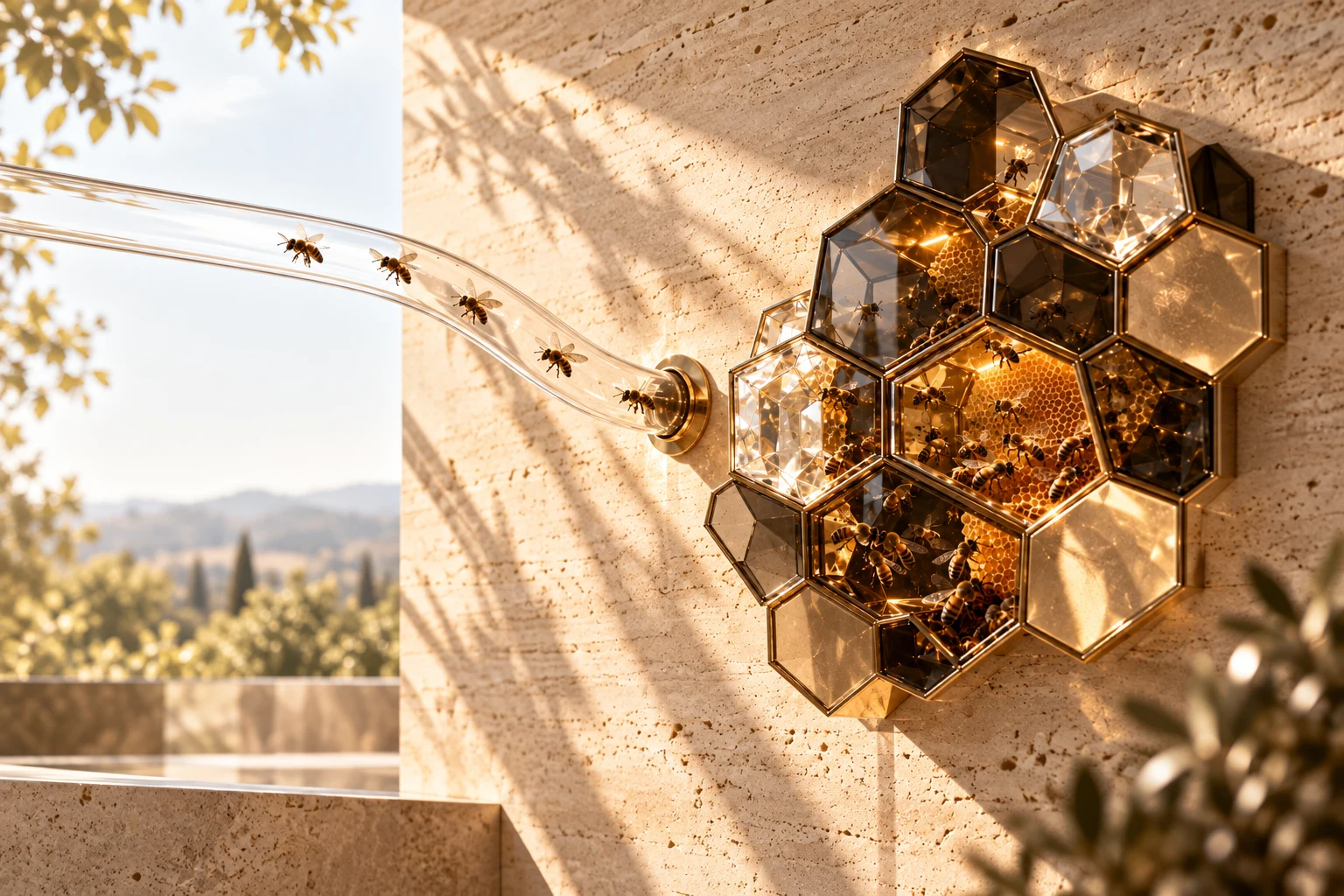 Glass and brass architectural hive with a transparent route